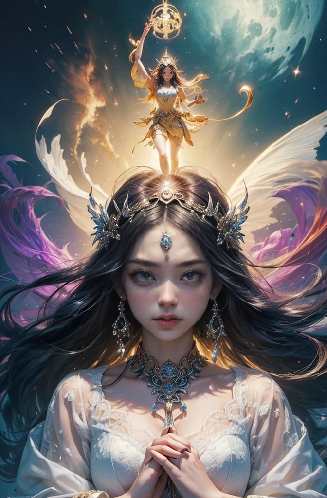 Above the rising clouds,Night, Dark, (Fantasy),infinite,deep blue sky,The abyss of knowledge,Cowledge,((masutepiece)), (((Best Quality))),((Beautiful fine eyes)),(Eye lashes)、Realistic clouds、Very beautiful face、The ultra -The high-definition、high fantasy castle、Beautiful girl with a huge golem、(女の子1人)、Black hair、The long-haired、abyss eyes、glowy skin、oils、small tits、Perfect human body structure、Wizard robes、der riese、tattered cloth、Realistic coat、Teenchi、Super delicate CG Unity 32k wallpaper、photoRealstic、masterpiece, ((ultra-detailliert)), ((illustratio)),colourfull,wall-paper,The energy,Unknown terror,Incomprehensible,Around the magic,Magical surroundings,magic wands,Boken,Flying pages,Know everything,Predict the future、Get to know the past、Infinite wisdom、blue flames、Warlock、magic circles、Pentagram、Spells、mantra、Singing magic