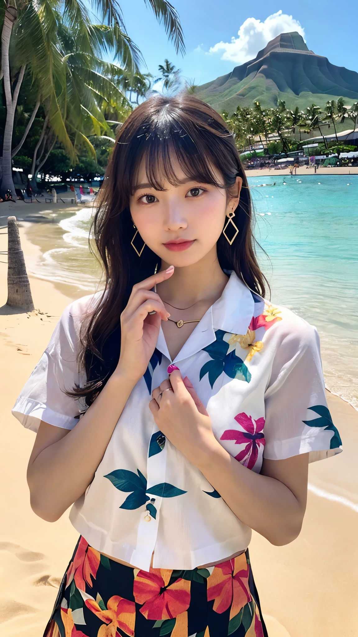 Highest qualityのリアル, Official Art, Highly detailed CG Unity 8k wallpaper,(masterpiece:1.3), (8k, Realistic, RAW Photos, Highest quality: 1.4), (1 girl), Pretty face, (Realistic Face), (Black Hair, Medium Hair:1.3), Beautiful hairstyle, Realistic eyes, fine grain, (Realistic Skin), Beautiful Skin, (On the chest), absurdes, charm, Ultra-high definition resolution, Ultra-Realistic Golden Ratio, Very detailed, Upper Body, Japanese Idols,(Aloha shirt and floral mini skirt:1.3),BREAK,Sounds good(Lol),(Heart Necklace),(Triangle Earrings for Luxury Hotels),BREAK, (女神のような優しいLol顔),(Standing on the white sand of Waikiki Beach with Diamond Head in the background:1.2),Standing position, The hem of her aloha shirt flutters in the wind、Perfect Fingers、Five Fingers、Lol顔、