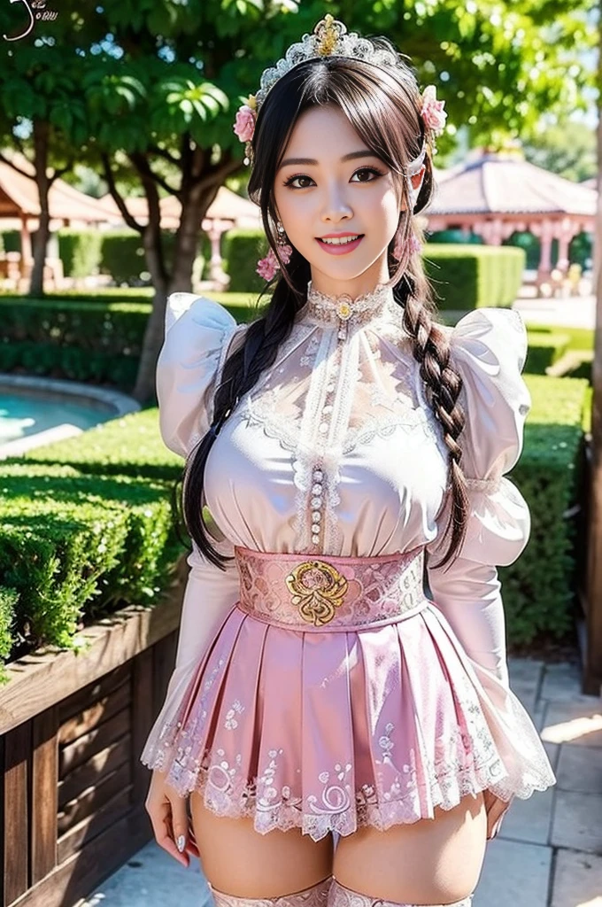 (Browsing Caution:-2.0), (Realistic, photo-Realistic:1.4), (Highest quality,masterpiece:1.2), RAW Photos, High resolution, Intricate details, Very detailed, Realistic and sharp details, Cinema Lighting, (Portraiture, Front view), alone, One girl, (Doll-like appearance), (Sexy Paradise Kiss Cosplay), (Large Breasts, Cleavage), Black Hair, Detailed face, Detailed eyes, smile, (Neon pink clothes), Bell-shaped skirt, petticoat, High neck, Puff sleeves, Fine lace, Detailed embroidery, Paradise Kiss accessories and matching headpiece, choker, Big Shiny Paradise Kiss Jewelry,  Shiny Victorian Boots, Photo Background, Outdoor, Large parks, wood,