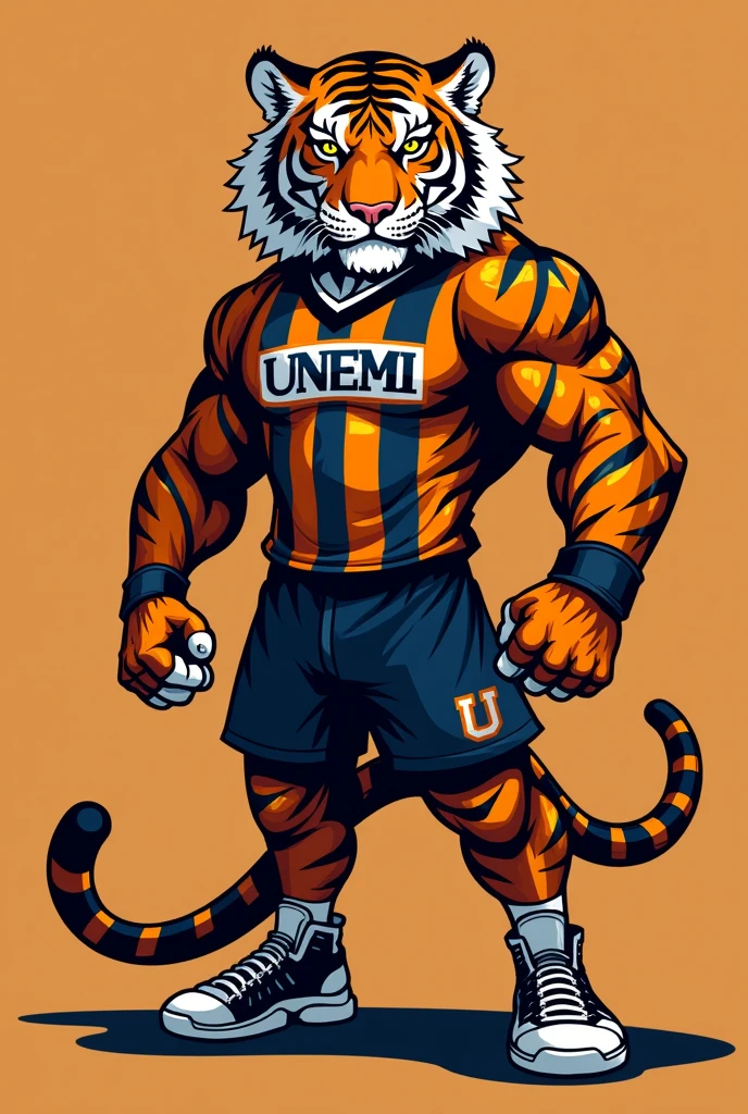 Give me an image of a tall tiger in orange and black colors for a university mascot and that on its clothing it wears sportswear that says UNEMI and shoes of the same color tone 