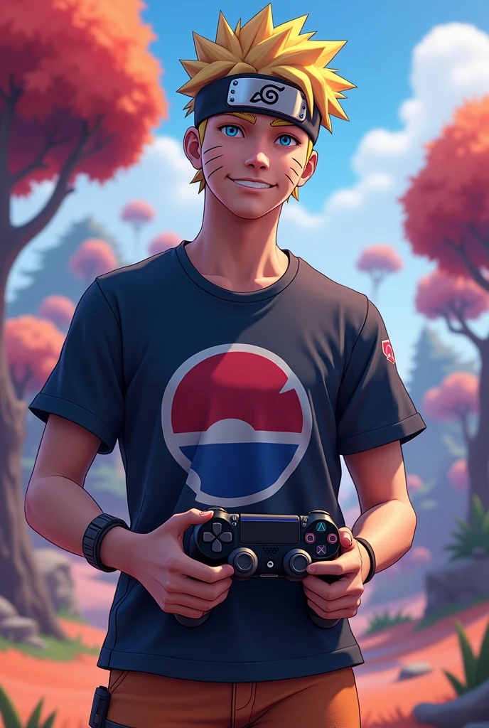 A with Naruto T-shirt and a ps4 and controller in his hand with fortnite background
