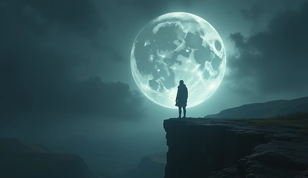 A realistic image of a person standing on a cliff, looking at a dramatic moon eclipse. The cliff is rugged, and the scene evokes a sense of awe and contemplation as the moon’s shadow casts an ethereal glow. --ar 16:9
