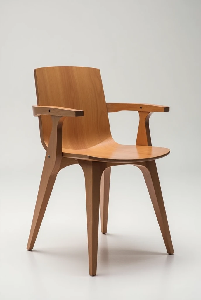 The chair will be made of brown pine wood., ideal for interiors, with a comfortable and ergonomic design. The rear legs will have a greater angle for more stability., and the front ones will maintain a lower inclination. The backrest will be high for better back support., This chair will have armrests. The structure will be reinforced to support weight, and its height will be suitable for raised tables. This chair has to look innovative