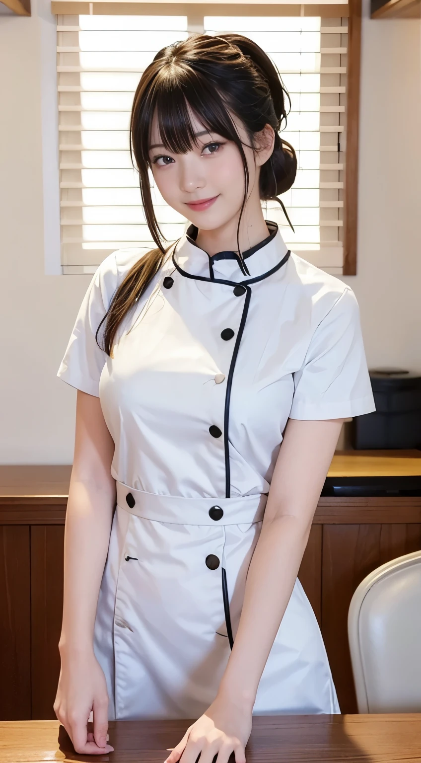 (Highest quality,masterpiece:1.3,Ultra-high resolution,),(Very detailedな,Caustics),(Photorealistic:1.4,RAW shooting,)Ultra-Realistic Capture,Very detailed,High resolution 16K human skin closeup。 Natural skin texture、,Pores、、、、It must be detailed enough to be easily identifiable。 Skin tone is even and healthy looking。 Use natural light and colour,restaurant,Waitress Uniform,1 girl,Japanese,1,cute,Black-haired,ponytail,Big Breasts,smile,Turn your body forward,(Front view:1.1),Looking at the camera,Cowboy Shot,