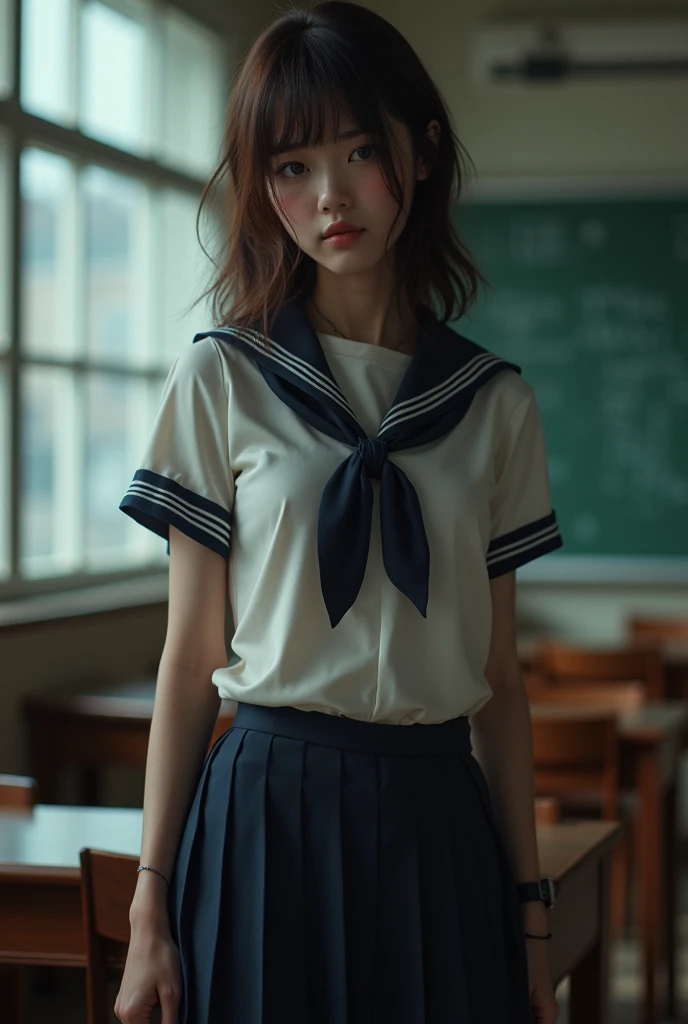((Beautiful Japanese girl:1.3)) ((School uniforms:1.4)) ((panty shot:1.5)) ((high school)),((dark blue skirt:1.3)) ((in the classroom:1.3)) ((delgado_fabric:1.4)) ((pose sexy al azar:1.3)) ((sweaty:1.5))((the face is blushing:1.4)) ((big breasts:1.4)) ((close up:1.2)) Best Quality,masterpiece,ultra high resolution,(photorealistic:1.4),raw photo,(Genuine leather texture:1.3),(film grain:1.3),panorama,character portrait,very wide shot,narrow waist,cowboy shot,(In the dark, deep shadow, low key, cold light,) evening,(()),tears running,,dust,Tyndall effect,(Expression),1 girl,beautiful detailed eyes and face,white jabot,Brown eyes,((Brown hair:1.2)) ((Whole body:1.3)) ((smile:1.3))