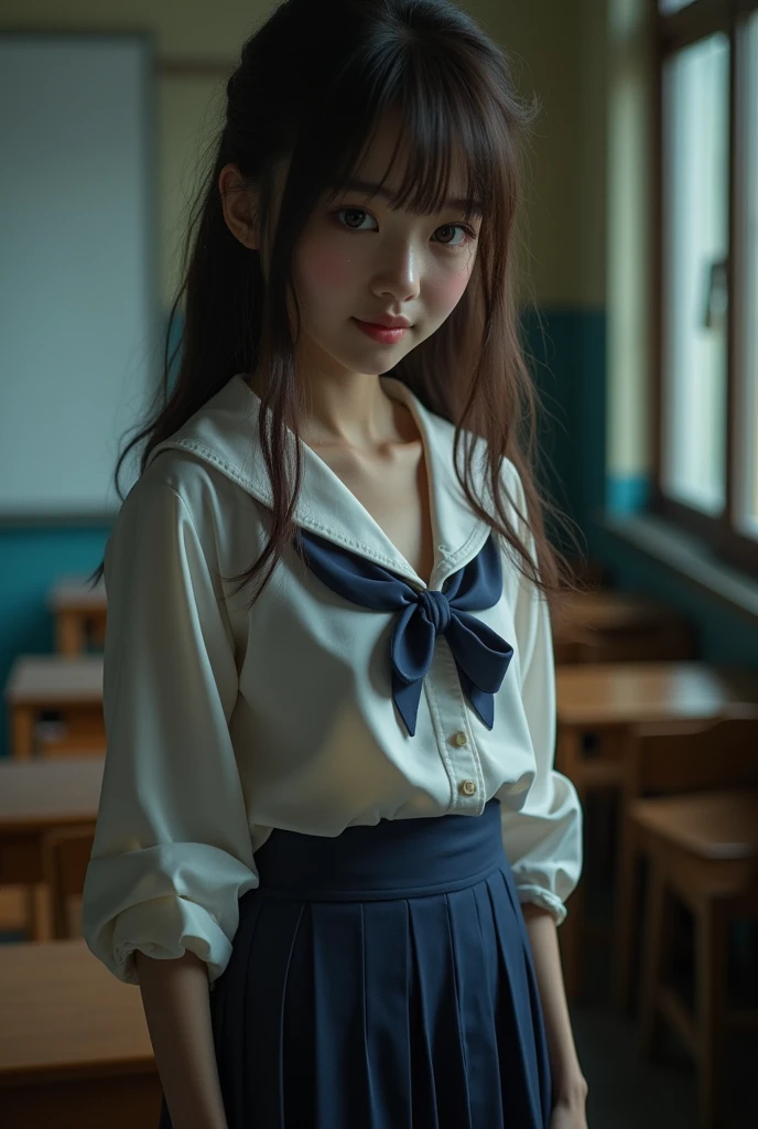 ((Beautiful Japanese girl:1.3)) ((School uniforms:1.4)) ((panty shot:1.5)) ((high school)),((dark blue skirt:1.3)) ((in the classroom:1.3)) ((delgado_fabric:1.4)) ((pose sexy al azar:1.3)) ((sweaty:1.5))((the face is blushing:1.4)) ((big breasts:1.4)) ((close up:1.2)) Best Quality,masterpiece,ultra high resolution,(photorealistic:1.4),raw photo,(Genuine leather texture:1.3),(film grain:1.3),panorama,character portrait,very wide shot,narrow waist,cowboy shot,(In the dark, deep shadow, low key, cold light,) evening,(()),tears running,,dust,Tyndall effect,(Expression),1 girl,beautiful detailed eyes and face,white jabot,Brown eyes,((Brown hair:1.2)) ((Whole body:1.3)) ((smile:1.3))