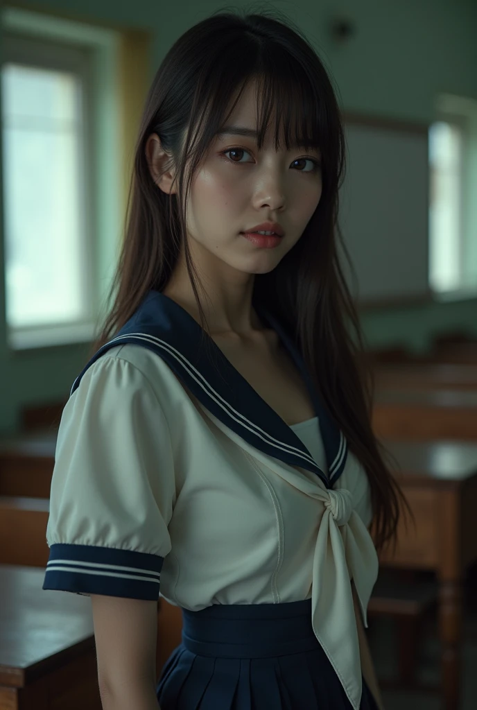 ((Beautiful Japanese girl:1.3)) ((School uniforms:1.4)) ((panty shot:1.5)) ((high school)),((dark blue skirt:1.3)) ((in the classroom:1.3)) ((delgado_fabric:1.4)) ((pose sexy al azar:1.3)) ((sweaty:1.5))((the face is blushing:1.4)) ((big breasts:1.4)) ((close up:1.2)) Best Quality,masterpiece,ultra high resolution,(photorealistic:1.4),raw photo,(Genuine leather texture:1.3),(film grain:1.3),panorama,character portrait,very wide shot,narrow waist,cowboy shot,(In the dark, deep shadow, low key, cold light,) evening,(()),tears running,,dust,Tyndall effect,(Expression),1 girl,beautiful detailed eyes and face,white jabot,Brown eyes,((Brown hair:1.2)) ((Whole body:1.3)) ((smile:1.3))