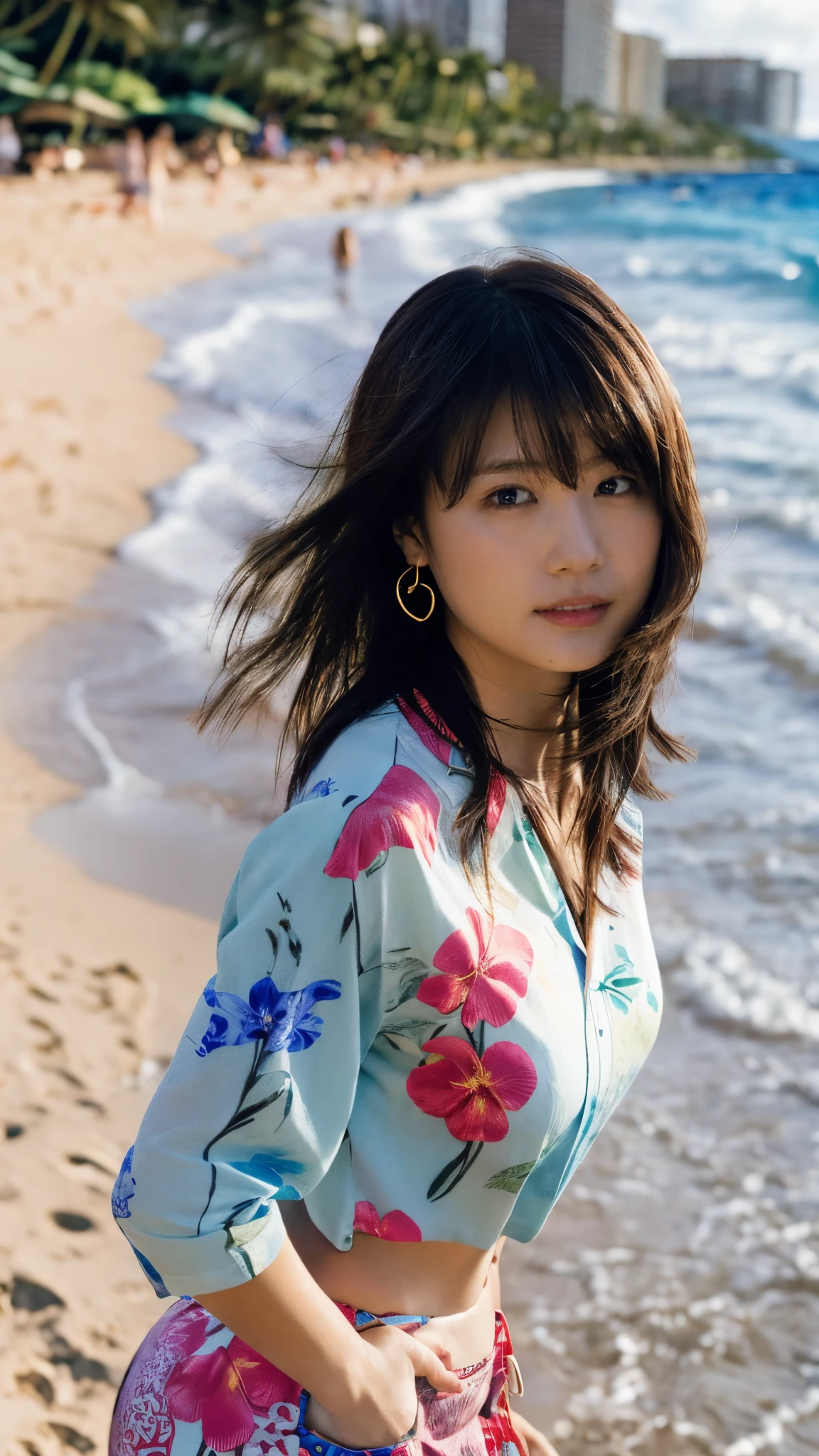 Highest qualityのリアル, Official Art, Highly detailed CG Unity 8k wallpaper,(masterpiece:1.3), (8k, Realistic, RAW Photos, Highest quality: 1.4), (1 girl), Pretty face, (Realistic Face), (Black Hair, Medium Hair:1.3), Beautiful hairstyle, Realistic eyes, fine grain, (Realistic Skin), Beautiful Skin, (On the chest), absurdists, charm, Ultra-high definition resolution, Ultra-Realistic Golden Ratio, Very detailed, Upper Body, Japanese Idols,(Aloha shirt and floral mini skirt:1.3),BREAK,Sounds good(Lol),(Heart Necklace),(Triangle Earrings for Luxury Hotels),BREAK, (女神のような優しいLOL face),(Standing on the white sand of Waikiki Beach with Diamond Head in the background:1.2),Standing position, The hem of her aloha shirt flutters in the wind、Perfect Fingers、Five Fingers、LOL face、