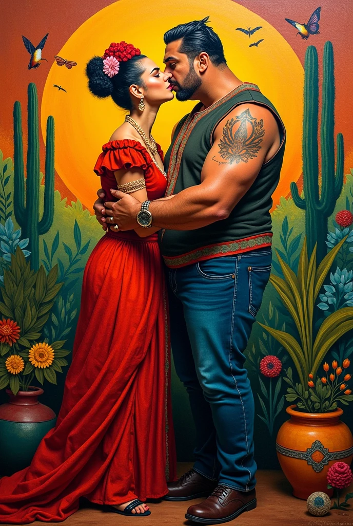 Frida Kahlo with Diego Rivera a fat and ugly man hugging each other Use bright and striking colors 