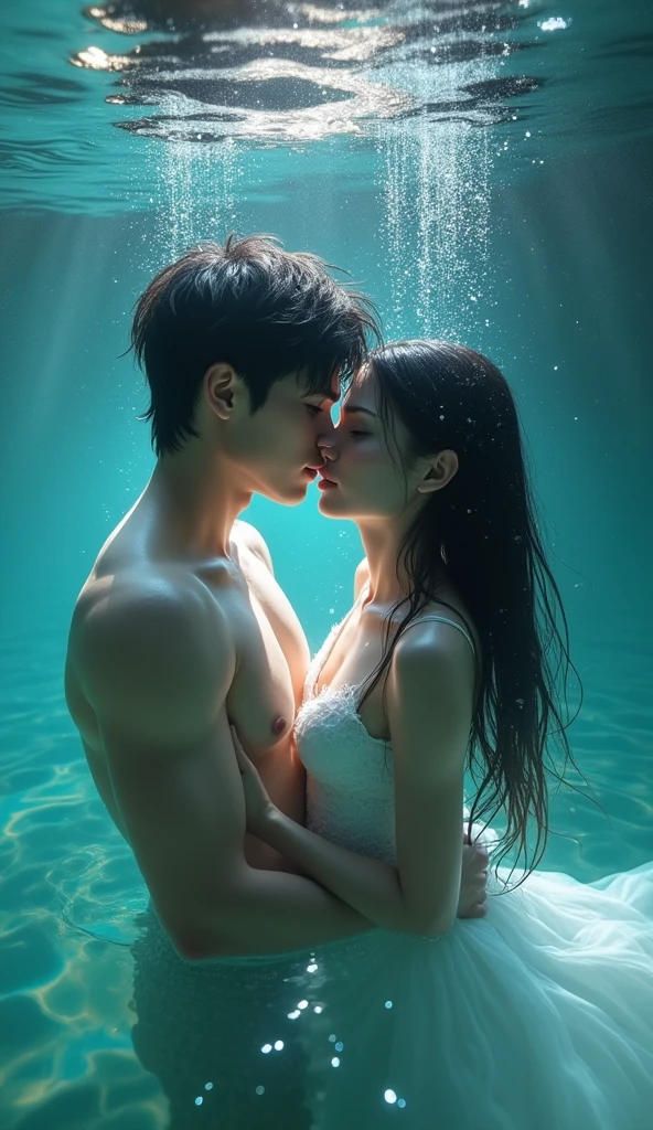 A crystal clear lake deep and then a white-skinned boy emerged., dark hair, Gray eyes and deep, mysterious gaze. His face has a clear facial structure., Has well-defined muscles and high cheekbones.,big penis , Drops of water flowed down from her hair and she looked at it mischievously., In front of him was a long-haired young woman., It&#39;s black and looks wet because it&#39;s underwater., White skin and asymmetrical and perfect face., Hug and kiss passionately