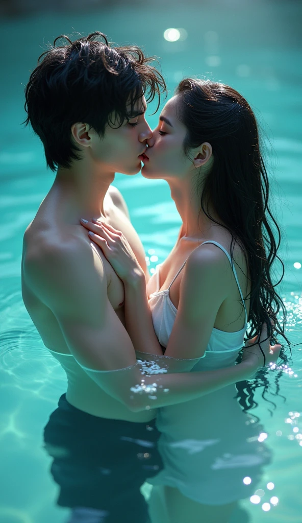 A crystal clear lake deep and then a white-skinned boy emerged., dark hair, Gray eyes and deep, mysterious gaze. His face has a clear facial structure., Has well-defined muscles and high cheekbones.,big penis , Drops of water flowed down from her hair and she looked at it mischievously., In front of him was a long-haired young woman., It's black and looks wet because it's underwater., White skin and asymmetrical and perfect face., Hug and kiss passionately
