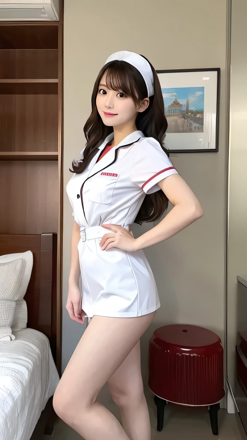 Super High Resolution, 8K, Parameter Best Quality, Masterpiece, Ultra High Resolution, Detailed Skin, Crazy Details and Complexity, Ultra Realism, Surreal Hyper Details, Super Details, Realism, Ultra Realism, Full Body Portrait of Beautiful Woman, Nurse, Nurse Cosplay, Long Legs, Sexual Expression, Small Breasts, Sweat, Bed, Dynamic Pose,