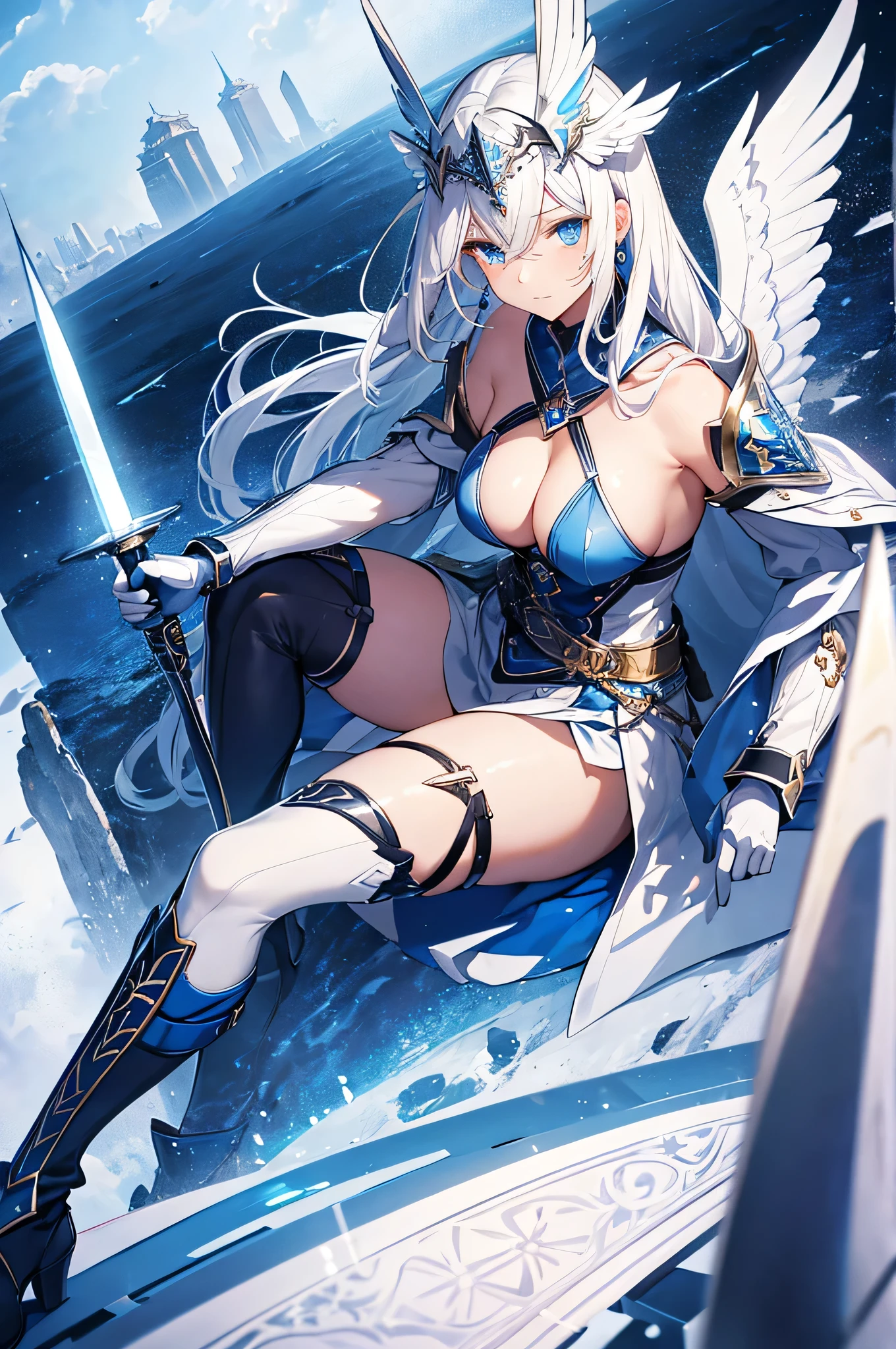 4K,High resolution,One Woman,White Hair,long hair,Blue Eyes,Valkyrie,Silver Sacred Armor,Sideboob,Blue long boots,Blue gloves,Winged headgear,Jewelry decoration,Holy Sword,Temple in the Sky