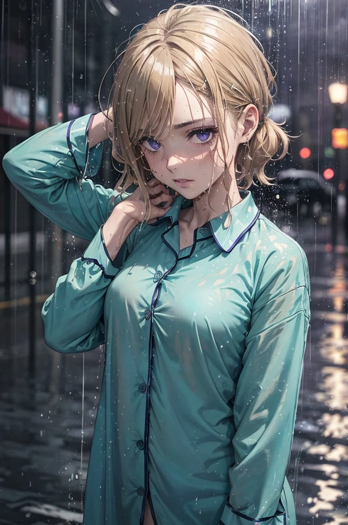 ((Teal coloured buttoned up pyjama shirt)), naked bottoms, wearing nothing but her shirt, 1girl, raining heavily, (patterned pyjamas), outside, short caramel-blonde hair sticking to her face, depressed purple eyes, teal coloured pyjama shirt, nighttime, very dark, soaking wet, wet through, wet clothes, almost naked, small breasts, outside at nighttime, in the streets, dark background, dark, very dark night, realistic colour, 1 colour shirt, soaking wet pyjamas, wet though, dripping wet, a hint of nipples, purple eyes, alluring depressed eye,  cold dark night, flushed cheeks, braless, bare legs, bottomless, faint nipples pressing through, 