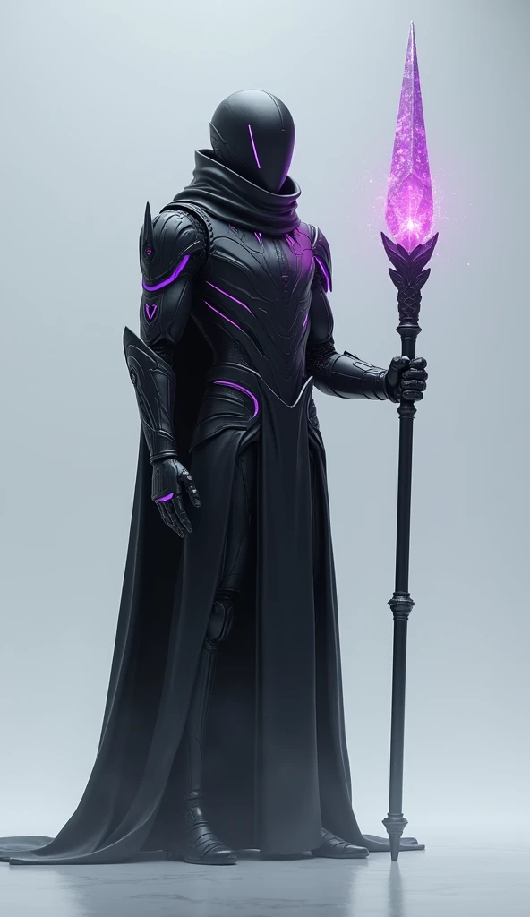 Generate a 4K, ultra-realistic image of an enigmatic warrior from Nova Aeterna, fully visible from head to toe. This warrior's armor is sleek and streamlined, almost seamless, with a dark matte finish and subtle, glowing purple accents. The helmet is featureless except for a narrow, glowing slit where the eyes would be, adding an aura of mystery. The warrior holds a long staff with a glowing crystal at the top, emanating a sense of ancient power. The light gray background enhances the ethereal, otherworldly feel of this warrior, making them both intriguing and formidable.