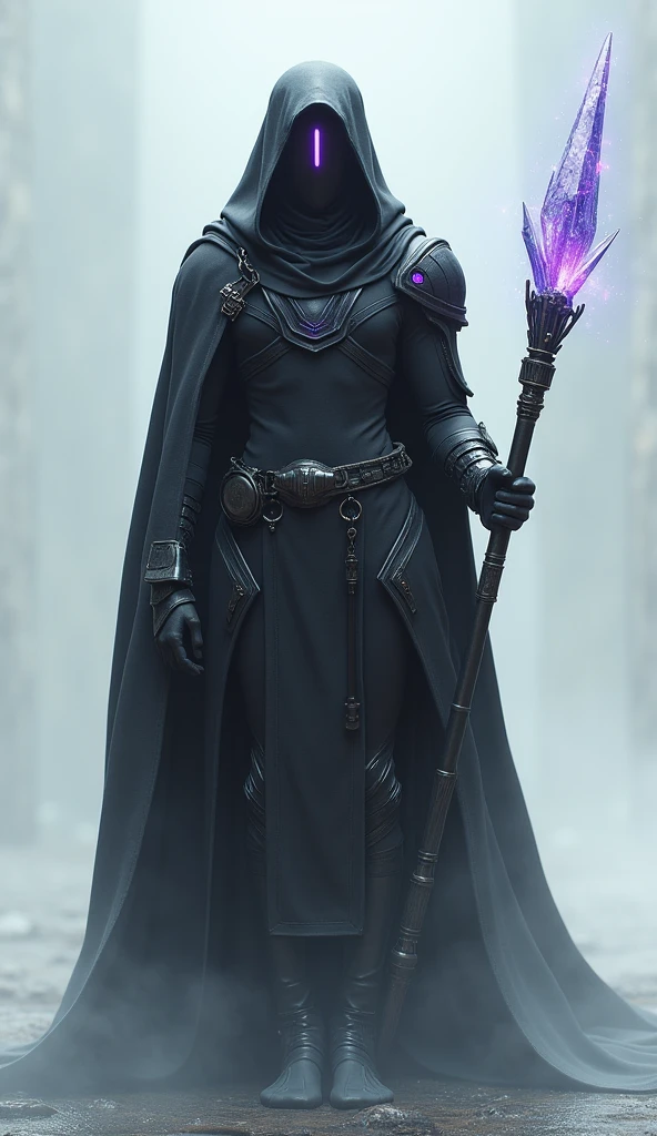 Generate a 4K, ultra-realistic image of an enigmatic warrior from Nova Aeterna, fully visible from head to toe. This warrior's armor is sleek and streamlined, almost seamless, with a dark matte finish and subtle, glowing purple accents. The helmet is featureless except for a narrow, glowing slit where the eyes would be, adding an aura of mystery. The warrior holds a long staff with a glowing crystal at the top, emanating a sense of ancient power. The light gray background enhances the ethereal, otherworldly feel of this warrior, making them both intriguing and formidable.