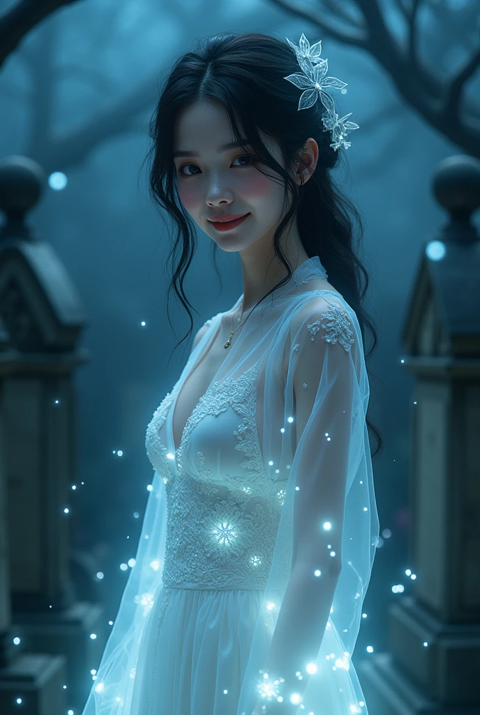 (((ghost)))、young woman、smile、(Beauty)、Japanese、cute、1、sexy、((My body is transparent))、Background night cemetery、Spirits flying all around、(best quality,4K,8k,highres,masterpiece:1.2),ultra-detailed,(realistic,photorealistic,photo-realistic:1.37),HDR,uhd,studio lighting,ultra-fine painting,sharp focus,physically-based rendering,extreme detail description,professional,vivid colors,bokeh,cinematic lighting,dramatic shadow,
