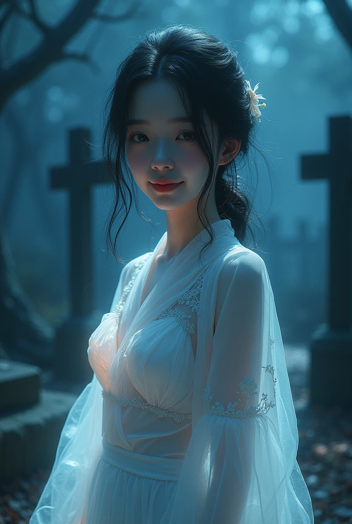 (((ghost)))、young woman、smile、(Beauty)、Japanese、cute、1、sexy、((My body is transparent))、Background night cemetery、Spirits flying all around、(best quality,4K,8k,highres,masterpiece:1.2),ultra-detailed,(realistic,photorealistic,photo-realistic:1.37),HDR,uhd,studio lighting,ultra-fine painting,sharp focus,physically-based rendering,extreme detail description,professional,vivid colors,bokeh,cinematic lighting,dramatic shadow,