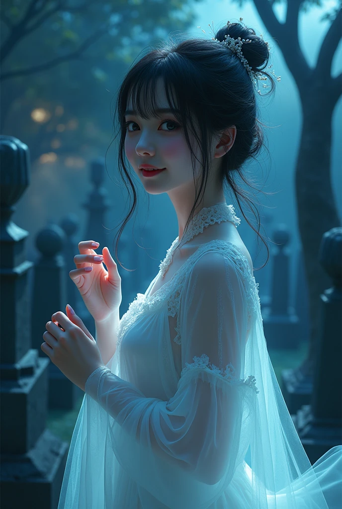 (((ghost)))、young woman、smile、(Beauty)、Japanese、cute、1、sexy、((My body is transparent))、Background night cemetery、Spirits flying all around、(best quality,4K,8k,highres,masterpiece:1.2),ultra-detailed,(realistic,photorealistic,photo-realistic:1.37),HDR,uhd,studio lighting,ultra-fine painting,sharp focus,physically-based rendering,extreme detail description,professional,vivid colors,bokeh,cinematic lighting,dramatic shadow,