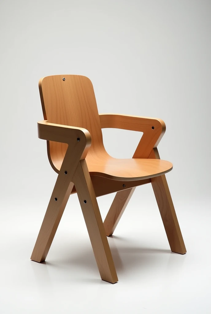 The chair will be made of brown pine wood., ideal for interiors, with a comfortable and ergonomic design. The rear legs will have a greater angle for more stability., and the front ones will maintain a lower inclination. The backrest will be high for better back support., This chair will have armrests. The structure will be reinforced to support weight, and its height will be suitable for raised tables. This chair has to look innovative, it is made from assemblies