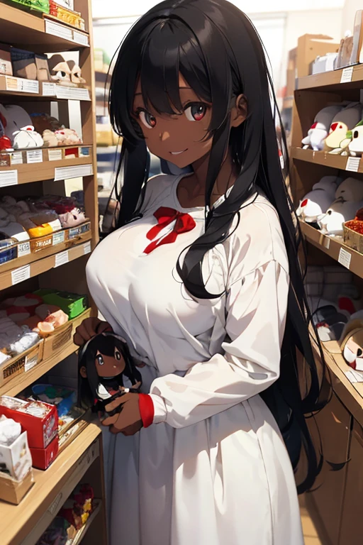 1 female, darker skin, white long hair, red long sleeve dress, teengae girl, huge breast, black eyes, doll store, all the dolls, playing doll, happy face