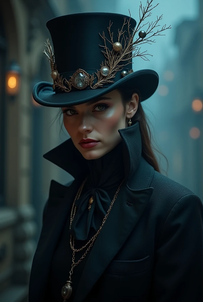 a mystical illusionist wearing a dark top hat, striking pose, highly detailed face with beautiful eyes and lips, intricate magical details on hat, dramatic lighting, dark moody colors, cinematic high contrast, photorealistic, 8k, ultra-detailed, masterpiece