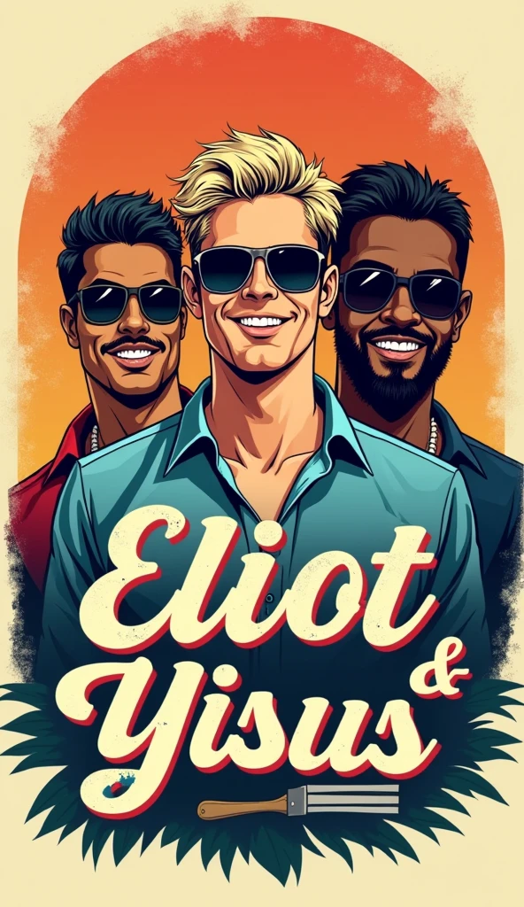 retro logo bachelor party, three guys with sun glasses. One guy with brown skin and squared shirt, one tall white blond skinny guy, and one guy with white skin and black hair. With a text "eliot, posh & yisus"