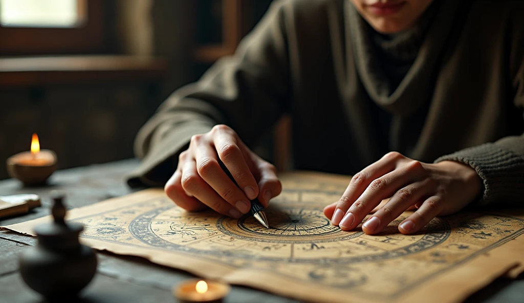 A close-up of an astrologer’s hands working with a star map and celestial charts. The focus is on the intricate details of the charts, with the astrologer’s face partially visible, exuding a sense of expertise and mystery. --ar 16:9