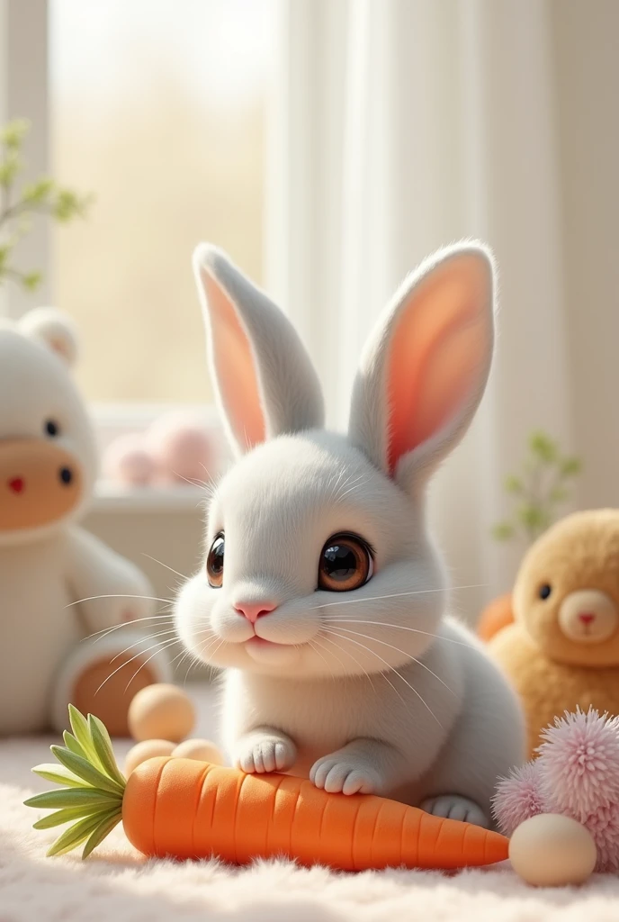 LIGHT LEAD COLORED BUNNY WITH HIS CARROT AND TOYS