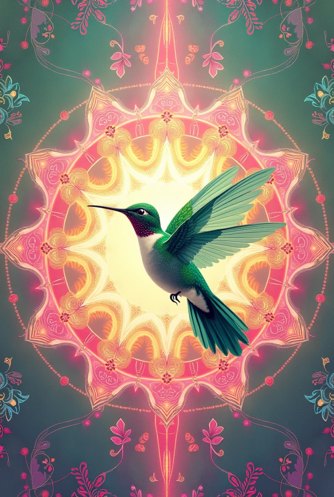 Image of a mandala in green and pink colors With the image of a hummingbird inside the mandala