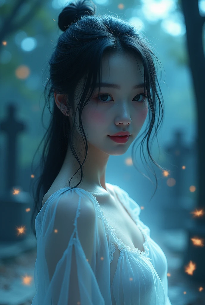 (((ghost)))、young woman、smile、(Beauty)、Japanese、cute、1、sexy、(My body is transparent)、Background night cemetery、Spirits flying all around、(best quality,4K,8k,highres,masterpiece:1.2),ultra-detailed,(realistic,photorealistic,photo-realistic:1.37),HDR,uhd,studio lighting,ultra-fine painting,sharp focus,physically-based rendering,extreme detail description,professional,vivid colors,bokeh,cinematic lighting,dramatic shadow,