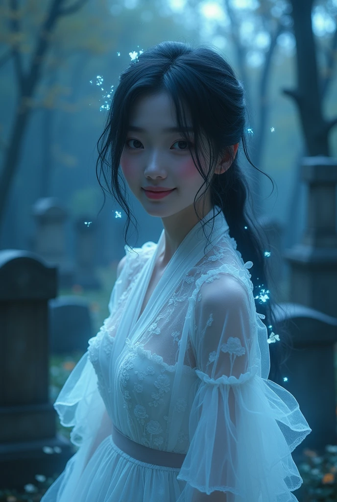 (((ghost)))、young woman、smile、(Beauty)、Japanese、cute、1、sexy、(My body is transparent)、Background night cemetery、Spirits flying all around、(best quality,4K,8k,highres,masterpiece:1.2),ultra-detailed,(realistic,photorealistic,photo-realistic:1.37),HDR,uhd,studio lighting,ultra-fine painting,sharp focus,physically-based rendering,extreme detail description,professional,vivid colors,bokeh,cinematic lighting,dramatic shadow,