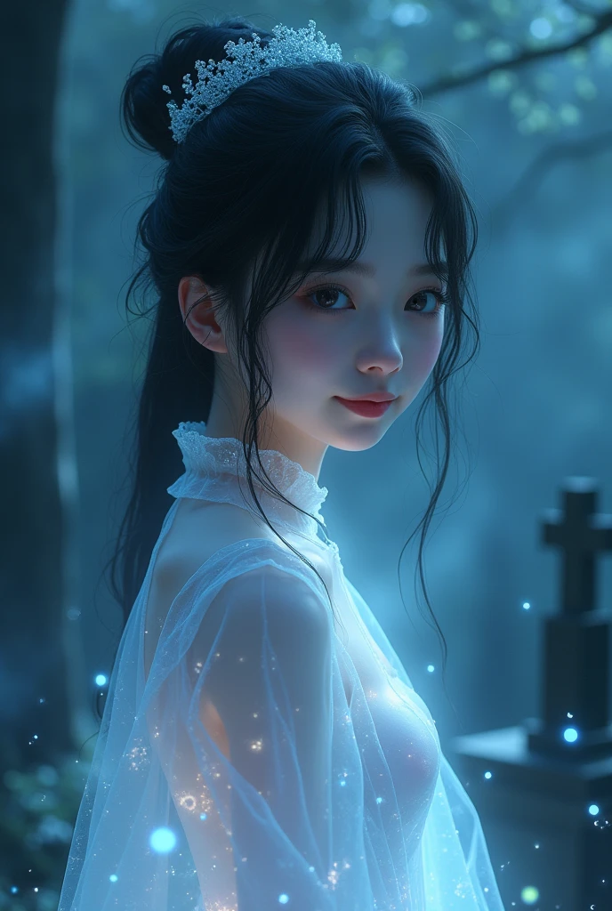 (((ghost)))、young woman、smile、(Beauty)、Japanese、cute、1、sexy、(My body is transparent)、Background night cemetery、Spirits flying all around、(best quality,4K,8k,highres,masterpiece:1.2),ultra-detailed,(realistic,photorealistic,photo-realistic:1.37),HDR,uhd,studio lighting,ultra-fine painting,sharp focus,physically-based rendering,extreme detail description,professional,vivid colors,bokeh,cinematic lighting,dramatic shadow,