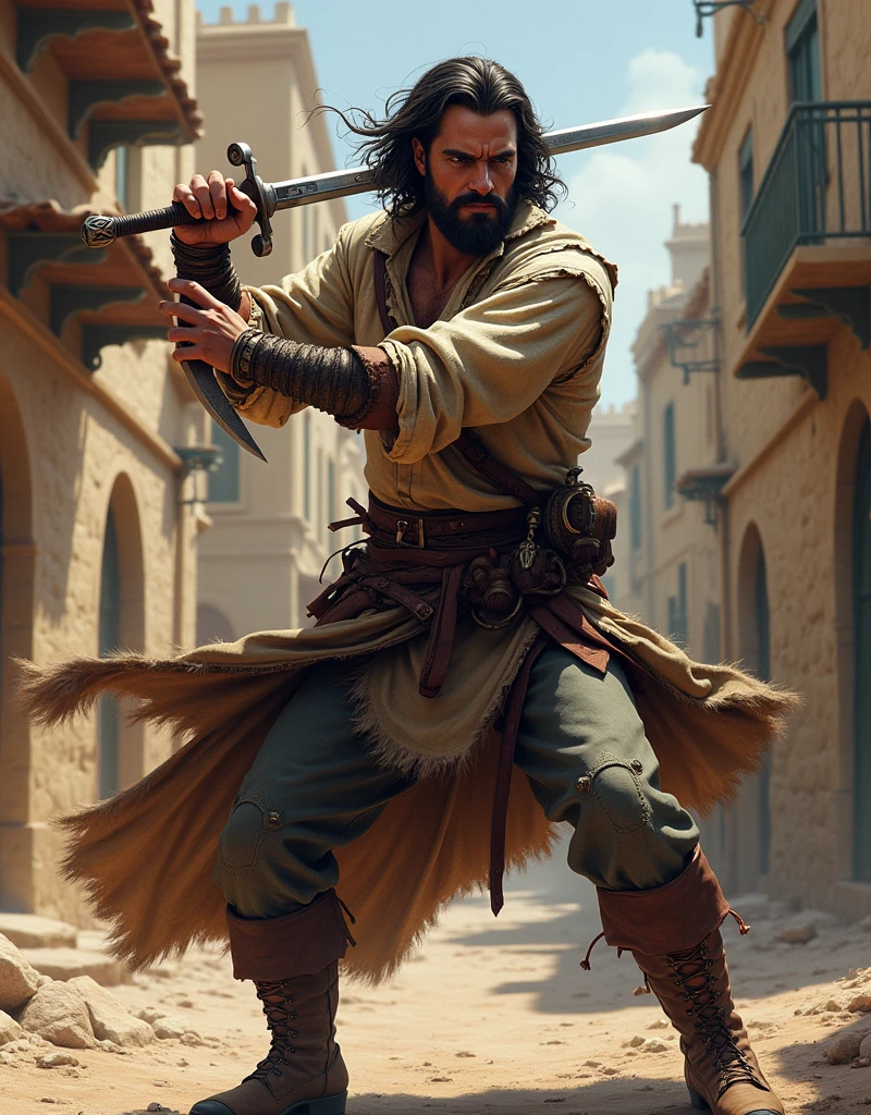 1man swashbuckler duelist rogue medieval mediteranean raggedclothes dualwielding righhandeuropeanrapier lefthanddagger  smirking cocky