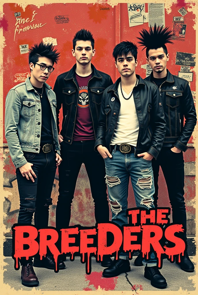 Create a band poster for a band called "The breeders" with a 90's punk style, members including Braden, Brandon, Devin and Kerry. 
