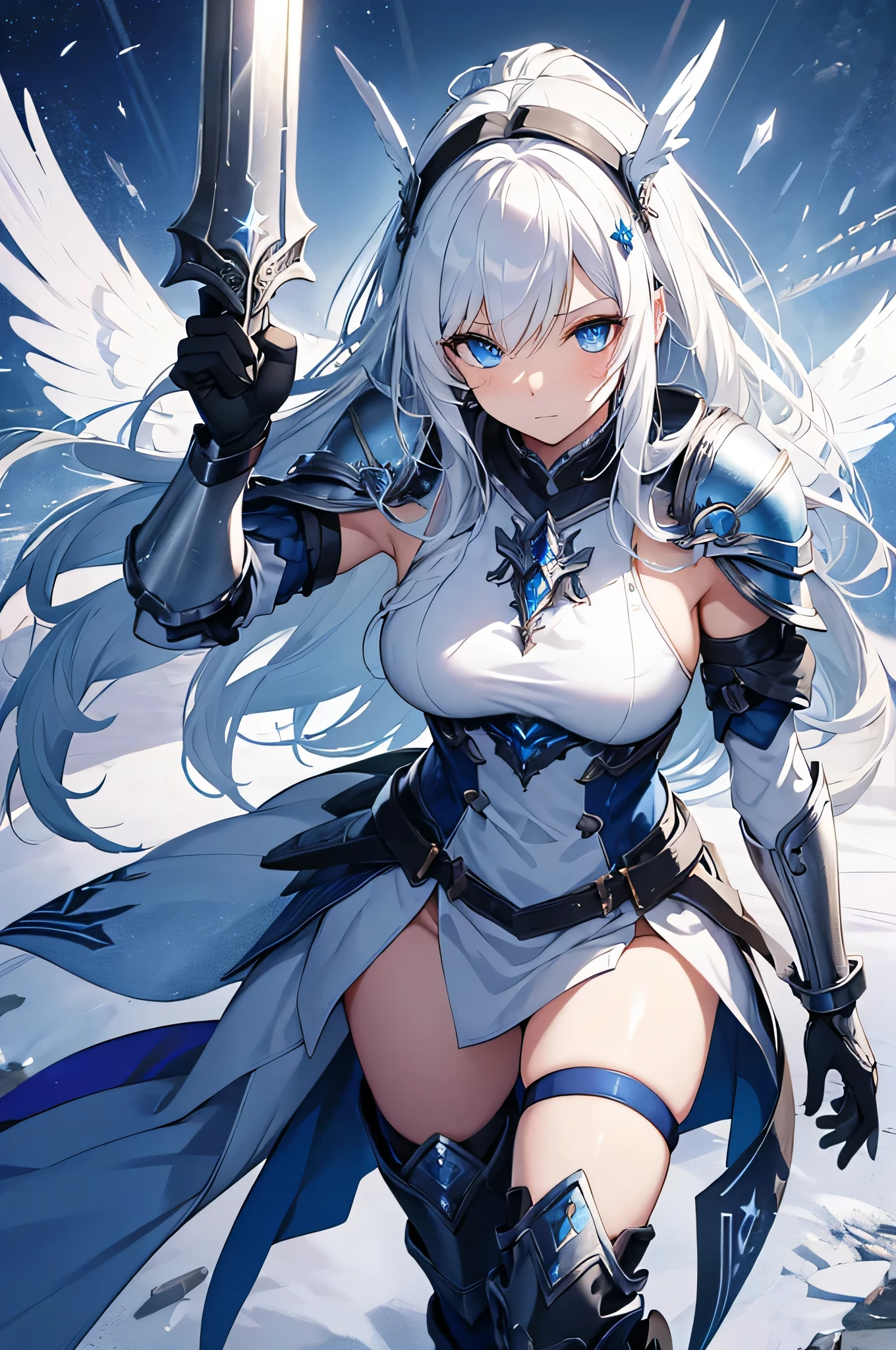 4K,High resolution,One Woman,White Hair,long hair,Blue Eyes,Valkyrie,Silver Sacred Armor,Heavy Armor,Sideboob,Blue long boots,Blue gloves,Winged headgear,Jewelry decoration,Holy Sword,Temple in the Sky