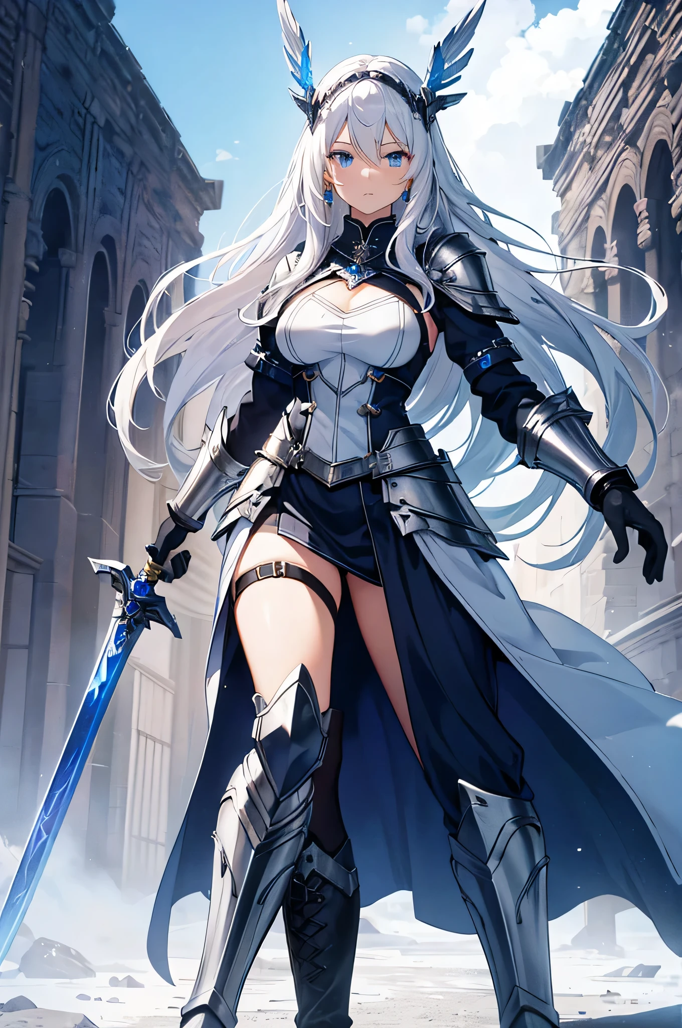 4K,High resolution,One Woman,White Hair,long hair,Blue Eyes,Valkyrie,Silver Sacred Armor,Heavy Armor,Sideboob,Blue long boots,Blue gloves,Winged headgear,Jewelry decoration,Holy Sword,Temple in the Sky