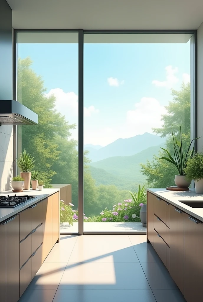 A kitchen with a large window behind the sink