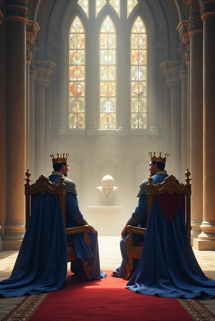 2 king sitting on the throne in the altar hall of a beautiful castle wearing a blue outfit 
