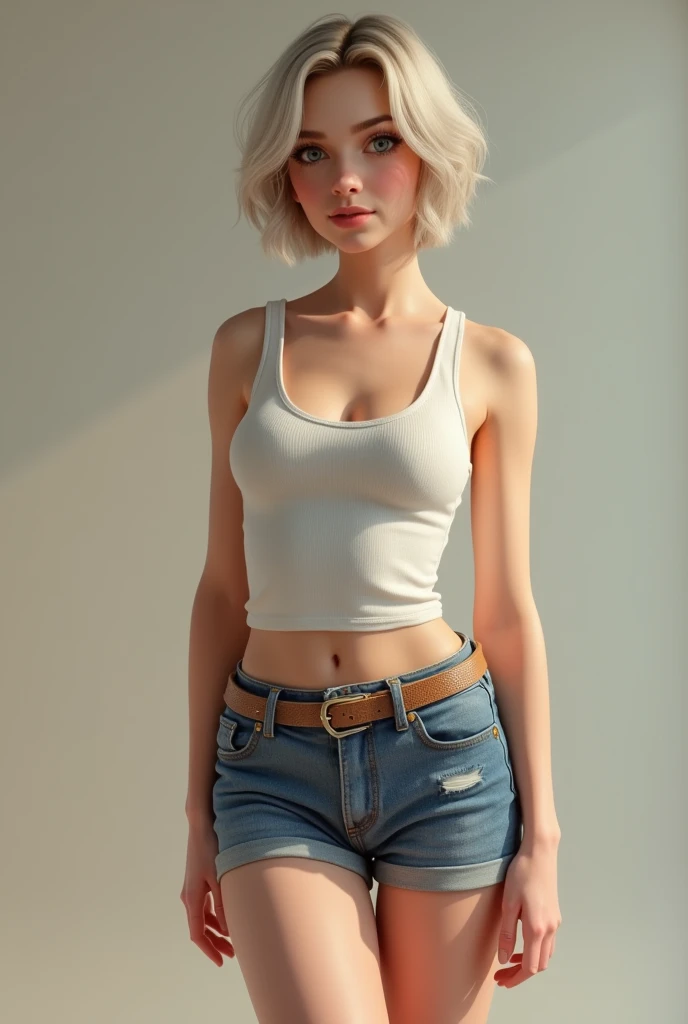 Young white girl, with short shorts, tank top, showing feet in front of the camera (nice feet (white feet) (realist) (masterpiece) (High Definition)