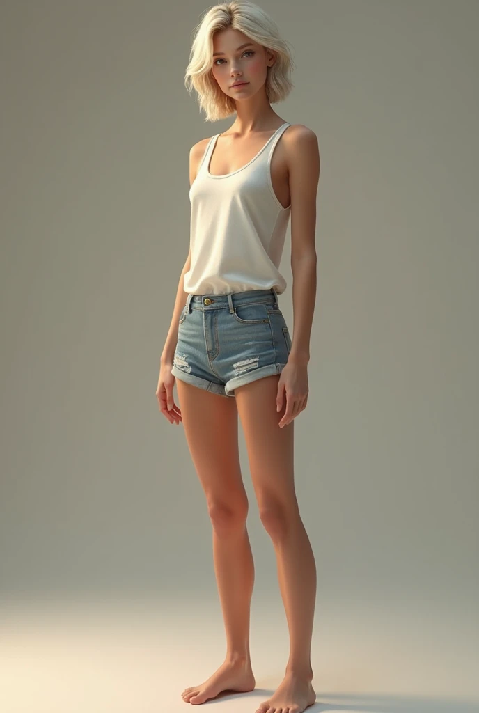 Young white girl, with short shorts, tank top, showing feet in front of the camera (nice feet (white feet) (realist) (masterpiece) (High Definition) 