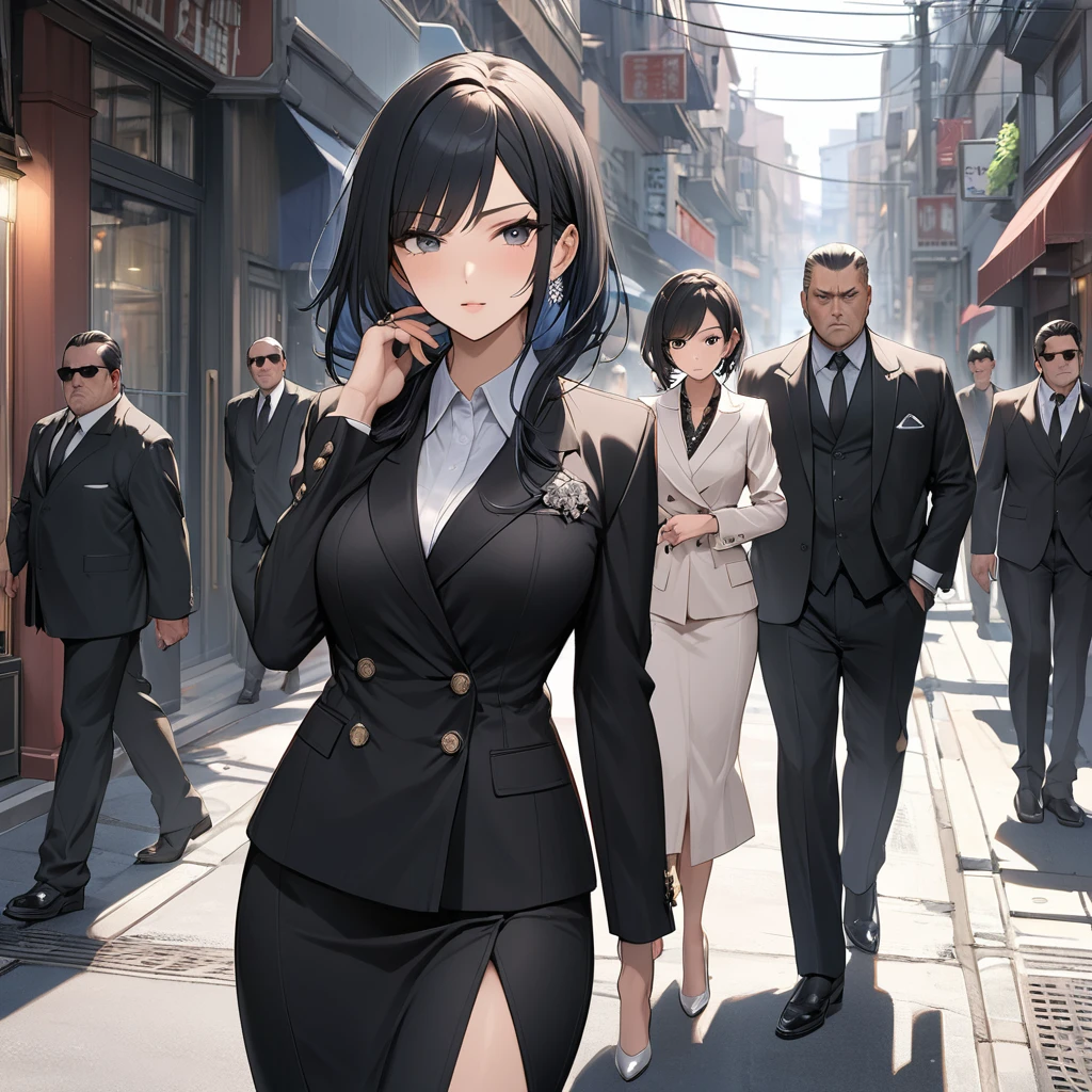 ((Highest quality)), ((masterpiece)), (detailed), （Perfect Face）、The woman is Reika Aoki, the wife of a mafia boss, with medium-long black hair and an engagement ring.、The woman and the mafia boss are walking side by side through the streets under their control.、The woman has the presence of a mafia boss&#39; wife.