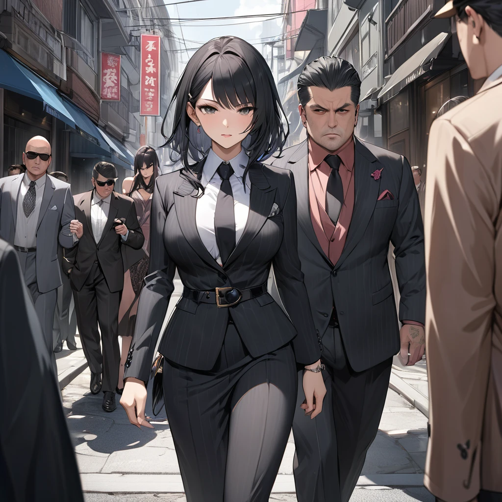 ((Highest quality)), ((masterpiece)), (detailed), （Perfect Face）、The woman is Reika Aoki, the wife of a mafia boss, with medium-long black hair and an engagement ring.、The woman and the mafia boss are walking side by side through the streets under their control.、The woman has the presence of a mafia boss&#39; wife.