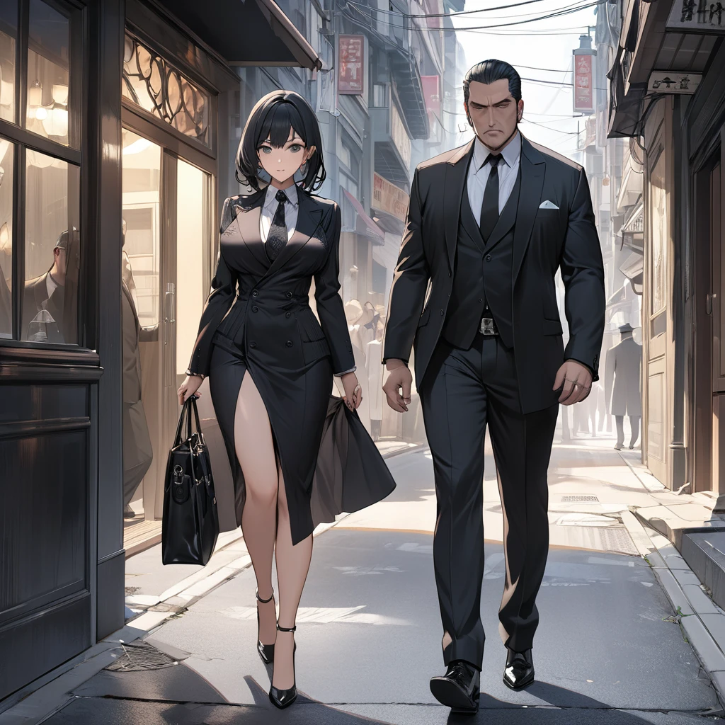 ((Highest quality)), ((masterpiece)), (detailed), (Perfect Face)、The woman is Reika Aoki, the wife of a mafia boss, with medium-long black hair and an engagement ring.、The woman and the mafia boss are walking side by side through the streets under their control.、The woman has the presence of a mafia boss' wife.