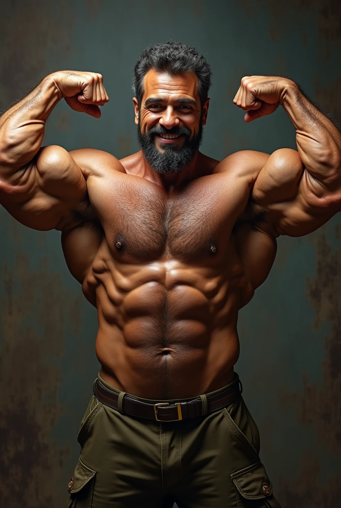 Hairy older arab bodybuilder, military, sexy, huge muscles, masculine, brown skin, beefy, belly, smiling, flexing arms,