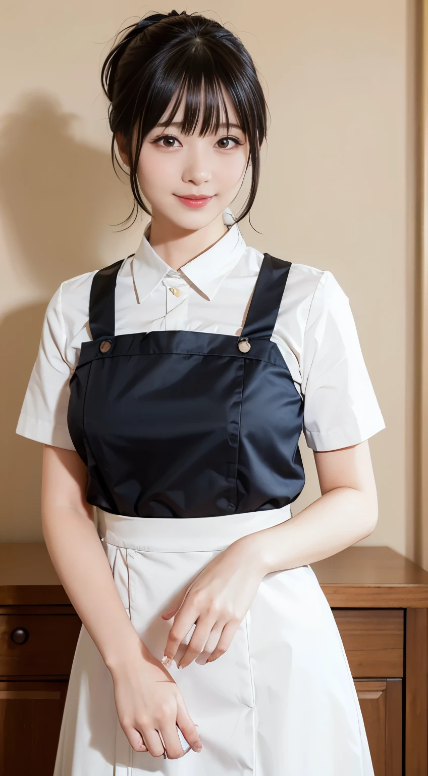 Beautiful woman、1 person for Japan、Very sexy body、Big breasts staring straight at the camera、sexy look、Coquettish smilee、Happy smilee、A slight smile、smile、skin luster、Big eyes、eye highlights、Clear double eyelids、eyelash、long neck、beautiful short hair、glossy black hair、bangs、on a pure white background、no background、Please show your ears、beautiful skin quality、oil for skin、There is glitter on the skin、lotion to apply to the skin、cafe clerk、shirt、skirt、pinafore、apron
