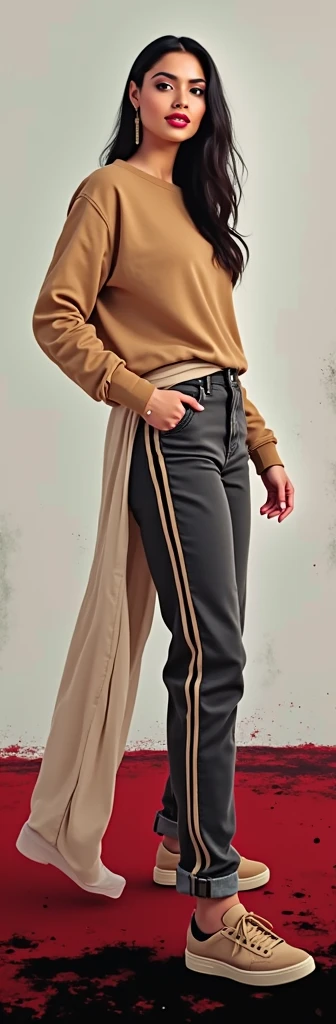 craft a hyper realistic full body length hourglass photo of north Indian beautiful face woman in her age 33, 36B  [[light Brown round neck Sweater and Black jeans slim fit ]] [[Razor cut hair cut, full body pose, highly detailed, wearing Chicago Bulls Jordan hoodie jacket and tracks, cute smile, colorized, smooth, charming, pretty big sexy smile, red lipstick, soft lips, supple skin, attractive appearance,