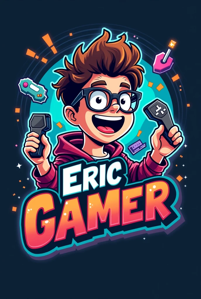 Logo with the name Eric gamer, themed around a nerd playing video games 