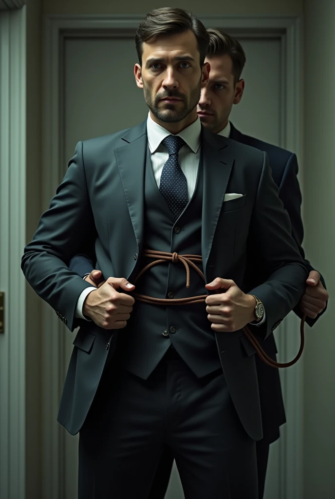 A muscular man called a. He is shirtless and barefoot. Another man called b. b wears a black suit. b is behind b wraps a's torso with his right arm. b puts his left hand over a's nose and mouth with a white folded cloth. a is asleep, with his hands down.