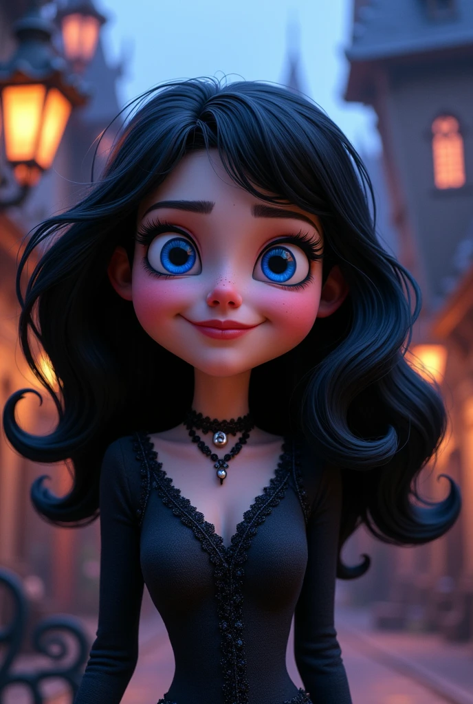 A Hotel Transylvania style cartoon character,female with black hair and blue eyes